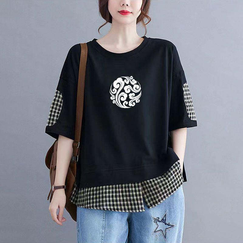 

Топы женские хлопковые летние большие размеры поддельные две части футболка поло воротник свободный принт повседневный пуловер футболка топ XXXXL