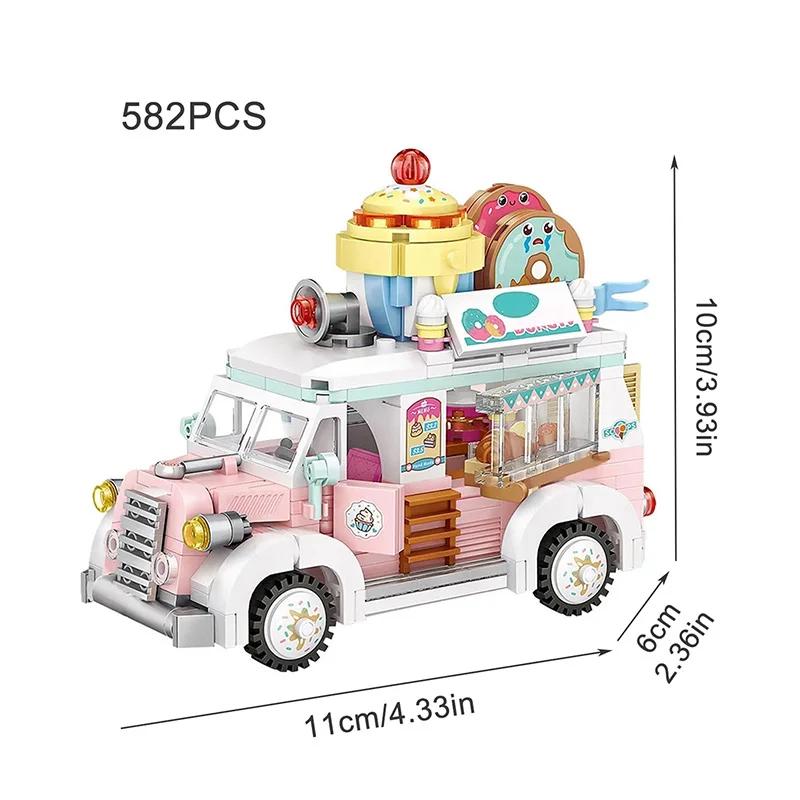 

City Street View Car Sales Shop Mini Building Blocks DIY Pizza Coffee Cart Assembled Ornaments for Adults and Children Toy Gifts