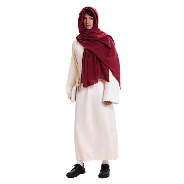 Men's Muslims Dress Caftan Robe Long Sleeve Stand Collar Jubba Thobe Man Leisure Dress Thobe with Arab Head Scarf Rope