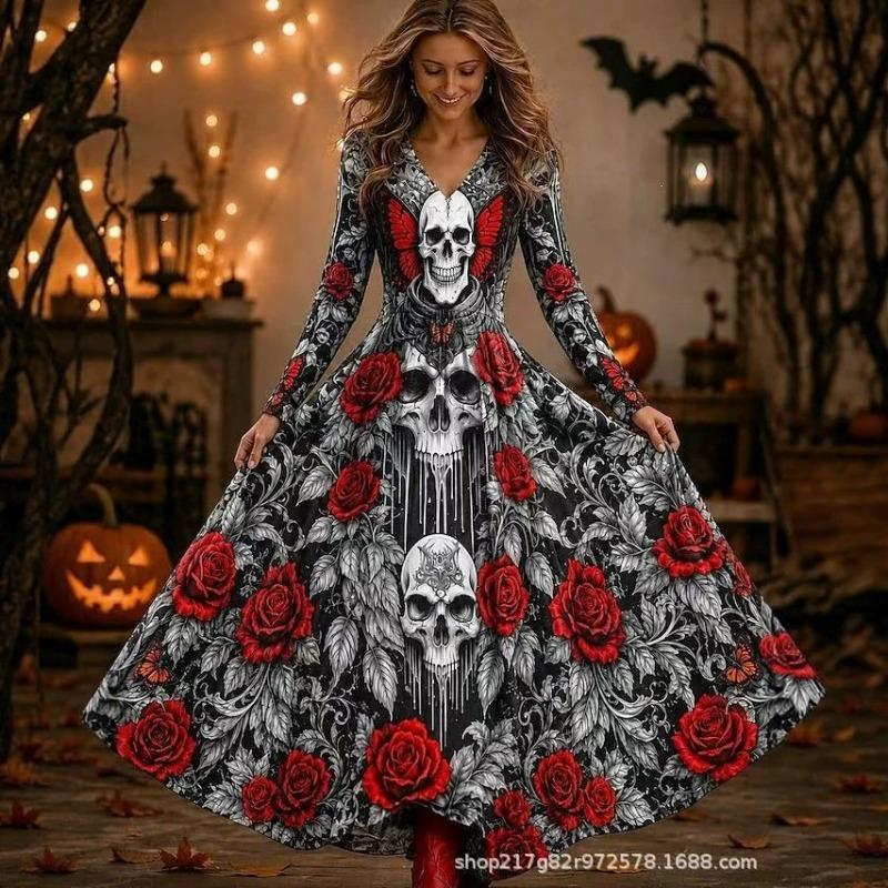 Dlouhé šaty Šaty áčkového střihu Vintage Bohémské Párty Běžné Lebka Dlouhý rukáv Výstřih do V Halloween