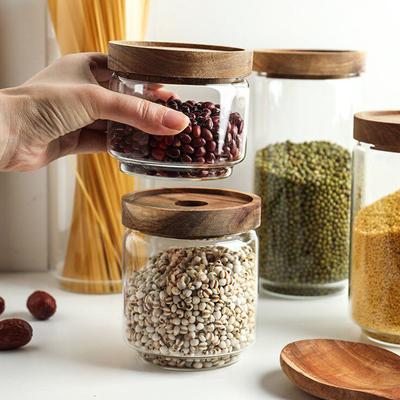 1 tarro de vidrio para almacenamiento de cocina con tapa de madera, de borosilicato, para almacenar alimentos, azúcar, especias, recipiente de vidrio