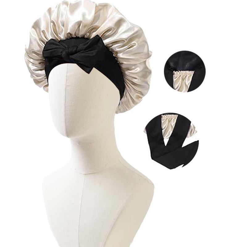 Satin Nightcap with Ribbon Bowknot, Double-Sided Silk Hair Cap, Leopard Print