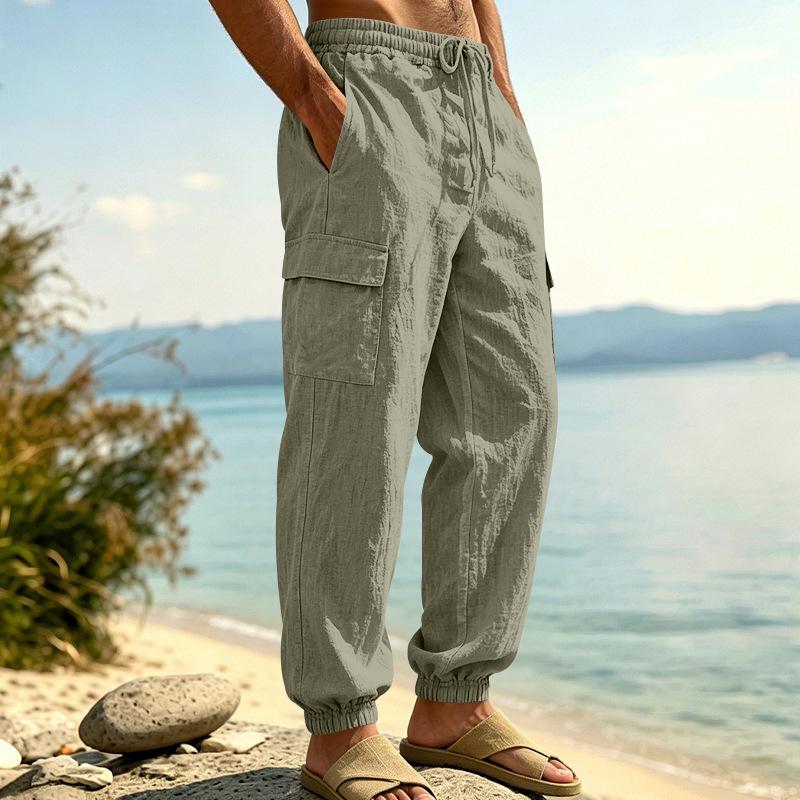 Men Drawstring Elastic Waist Multi Pocket Cargo Jogger Linen Pants Multiple Colors Available