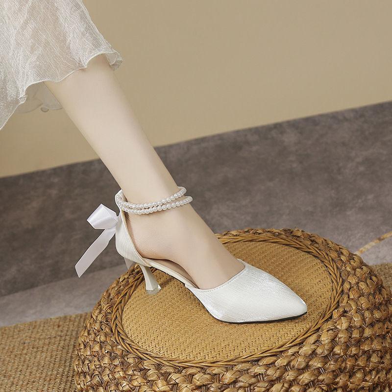 Skinny fairy style pointed head stiletto high heels with female summer new French 2025 bag head pearl sandals