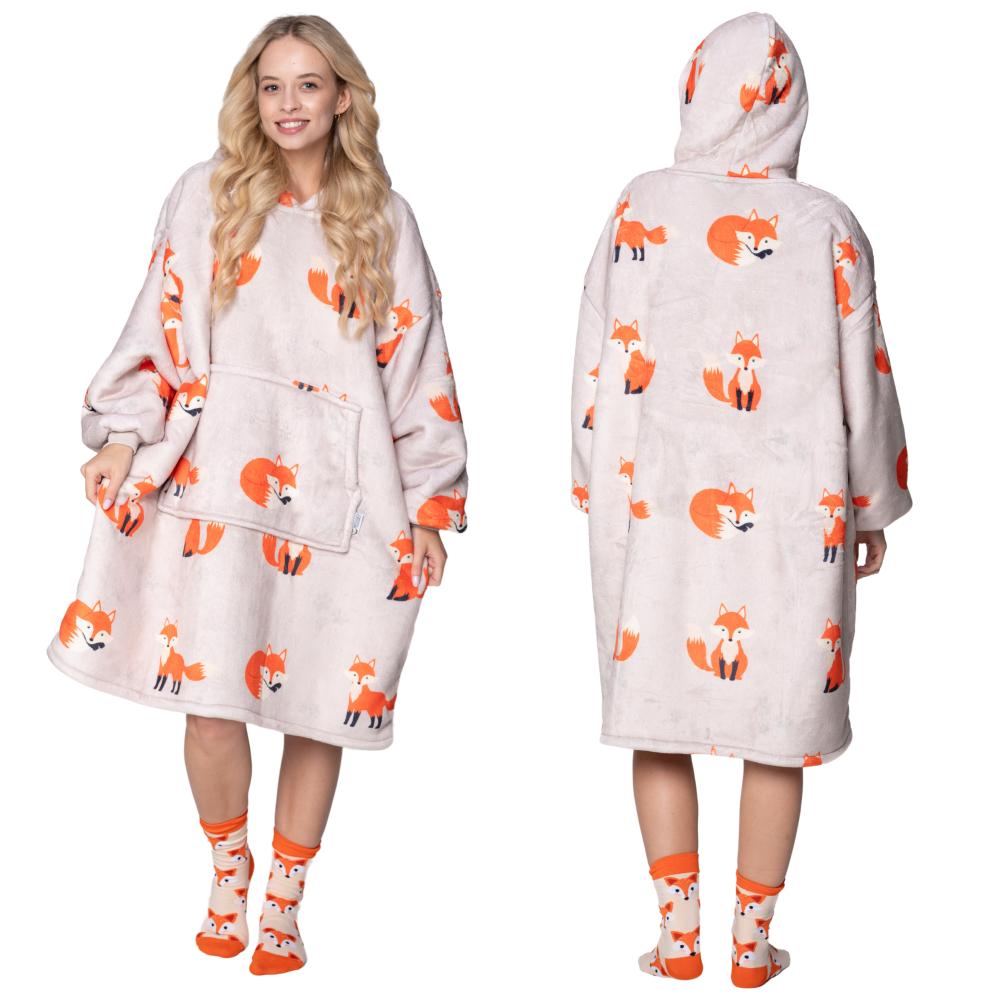 Decken-Sweatshirt Oversize Warm Dickes Decken-Sweatshirt 2in1 XXL Füchse + Flauschige Socken [Kb-S10] white