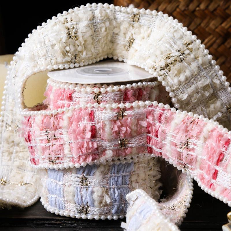 2yards 38mm Elegant Crochet Velvet Tweed Ribbon with Pearl Beads Edge for DIY Hair Bows Sewing Supplies Gift Packing Hat Decor
