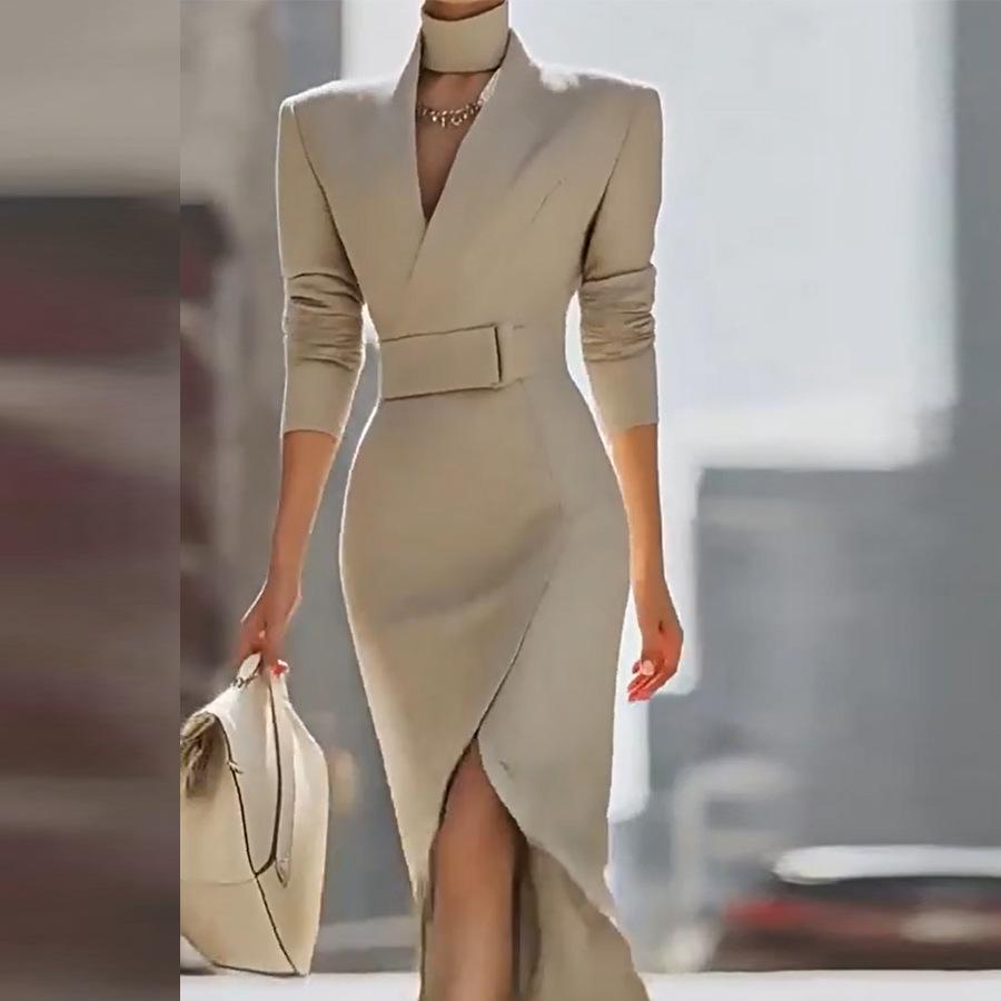 Robe Midi Bodycon à Col en V pour Femme Automne, Robe Stylo Moulante à Fente Haute avec Design Style Cache-cœur, Robe Élégante pour Bureau et Soirée Polyvalente