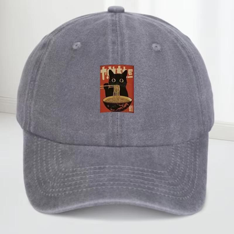 Cappellino da baseball retrò - Gatto nero carino che mangia raStampa unisex, design regolabile - Adatto sia per Unisex che per Donne