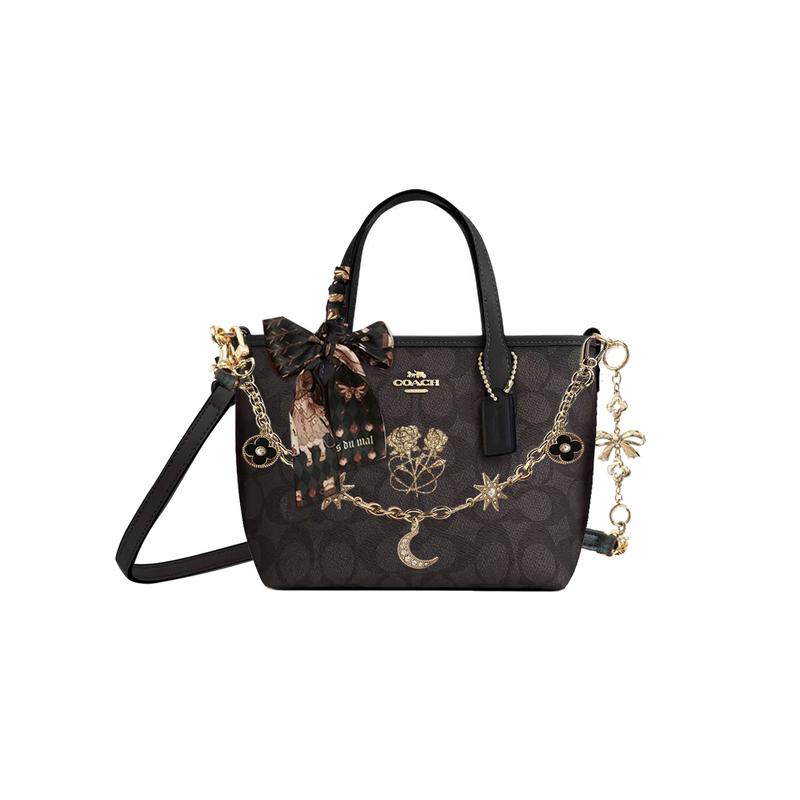 

COACH handbag [Customized bag] City 15 brand logo detachable shoulder strap rose print chain bow extension chain ribbon tote Gilded Years Basic Model чорний