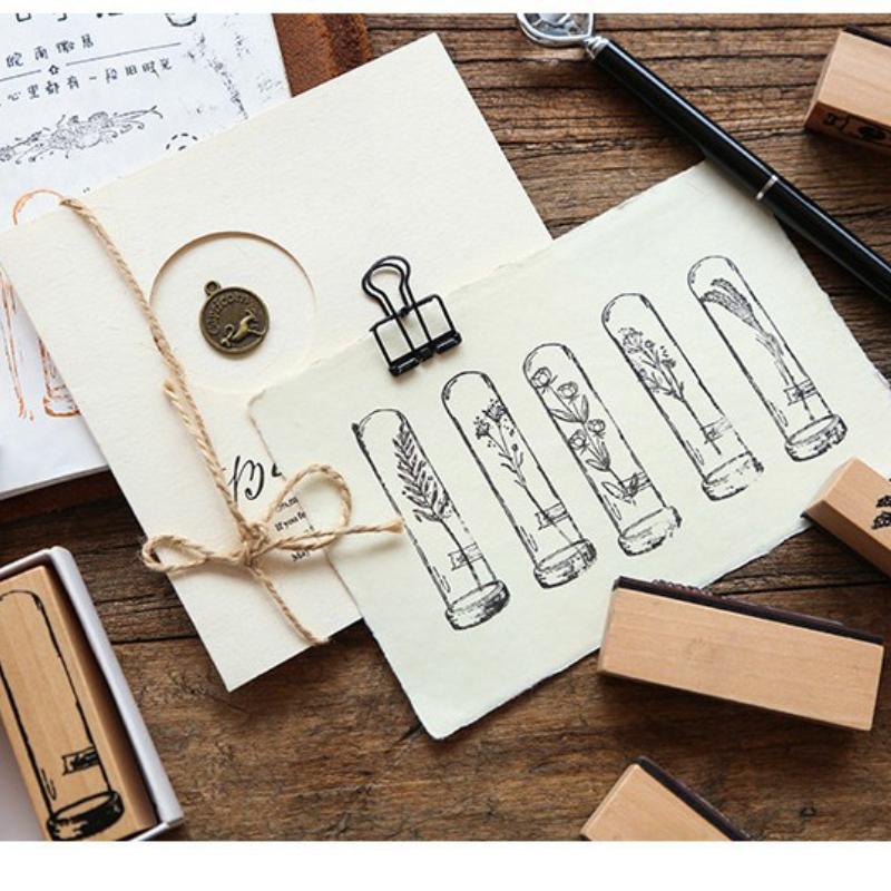 Wooden Seal Set Plant Vase Series Diary Album Hand Ledger Decorative Seal Set
