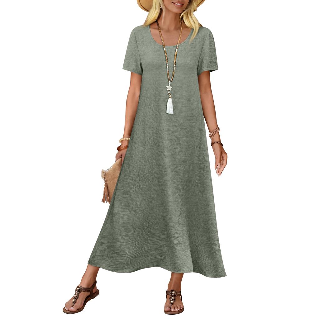 Women’s Long Maxi Dress Short Sleeve Flowy Lightweight Casual Summer Beach Vacation Style Dress with Pockets Loose Fit