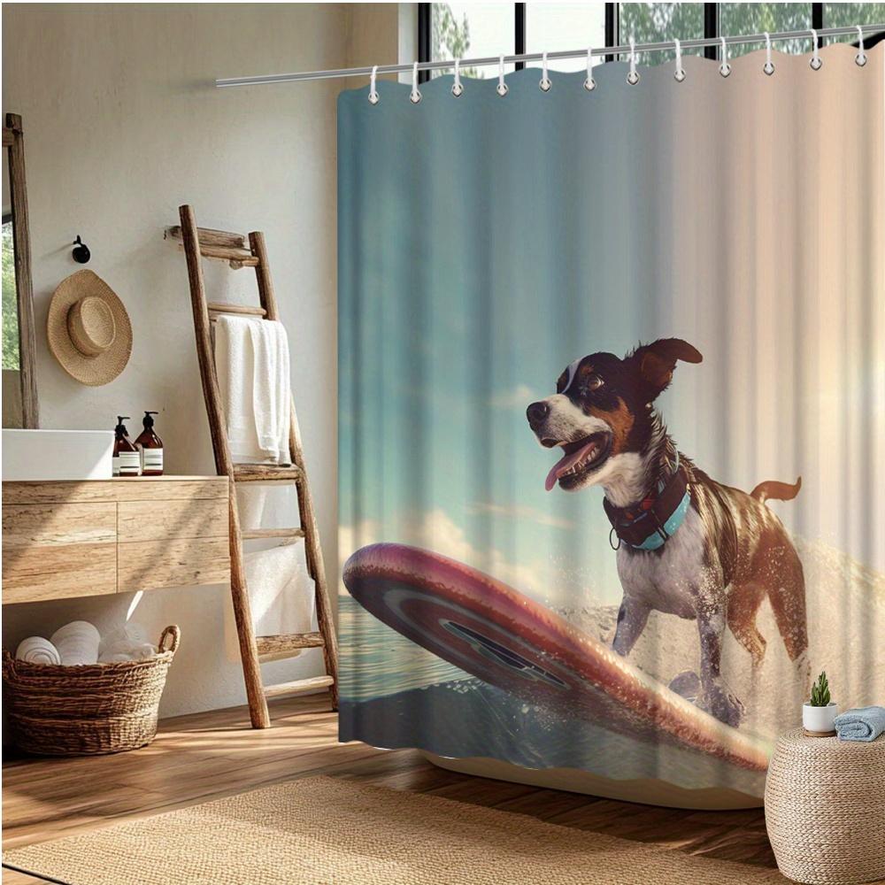 Surfing Dog Shower Curtain - Playful Canine On Surfboard, Durable Fade-Resistant Polyester, Ideal For Bathroom & Bathtub Decor
