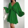 Elegant Fashion Deep V-neck Long Sleeved Women Dress Spring Summer Simple Casual Loose Sexy Solid Color A-line Party Dress Female Office Ladies