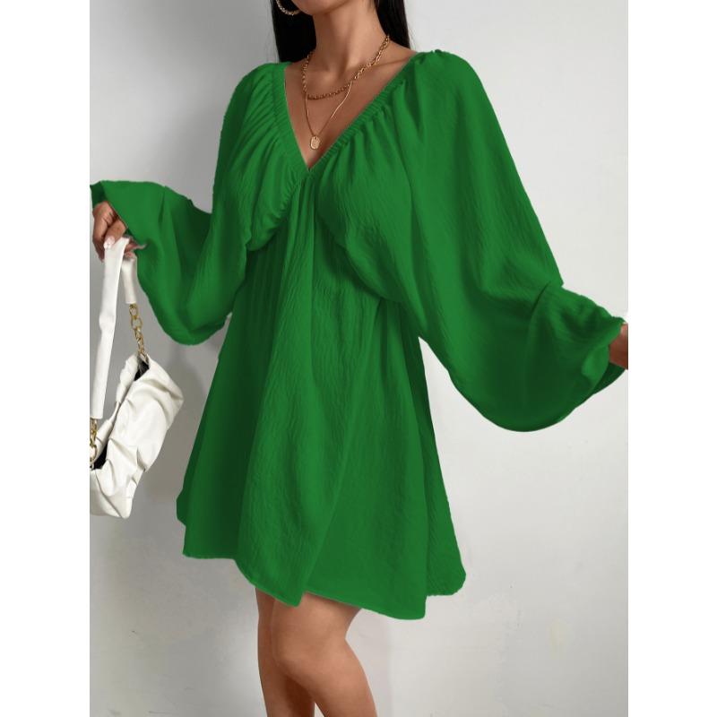 Elegant Fashion Deep V-neck Long Sleeved Women Dress Spring Summer Simple Casual Loose Sexy Solid Color A-line Party Dress Female Office Ladies