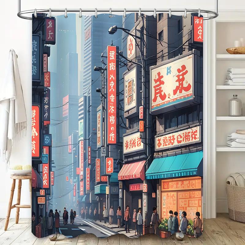 Anime Inspired Cityscape Shower Curtain Vibrant Japanese Signage Urban Aesthetic Design Perfect For Studio Ghibli Fans