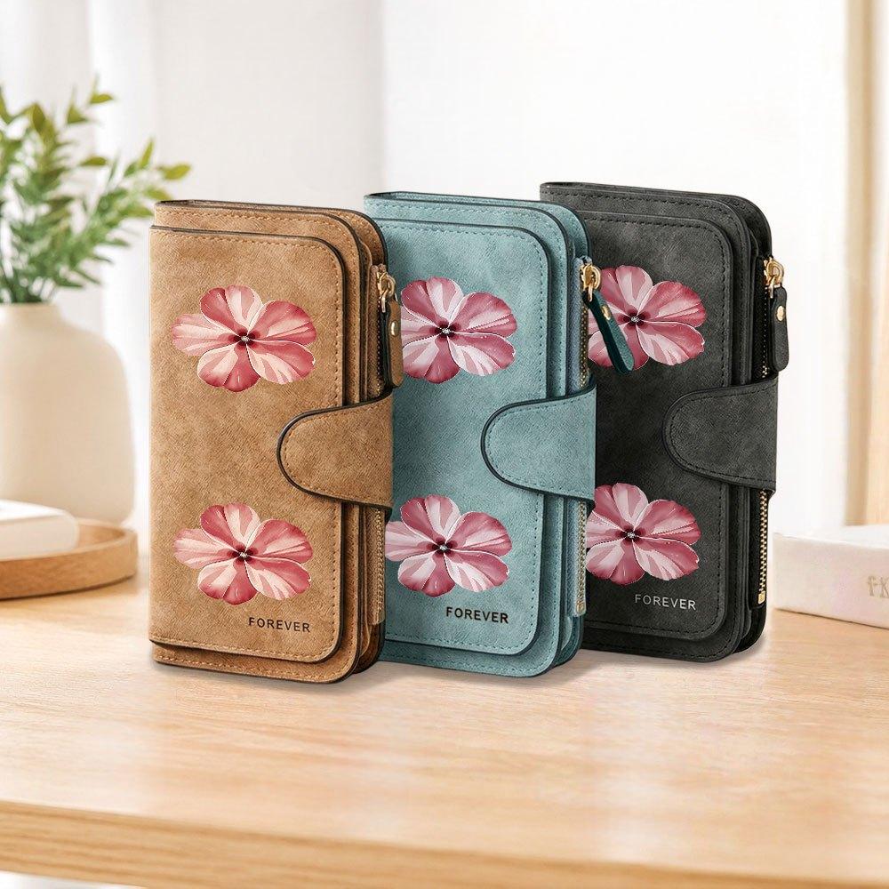 Pink floral print long zipper wallet, large-capacity card holder, unisex clutch bag, stylish zippered coin purse, suitable for daily use, a great