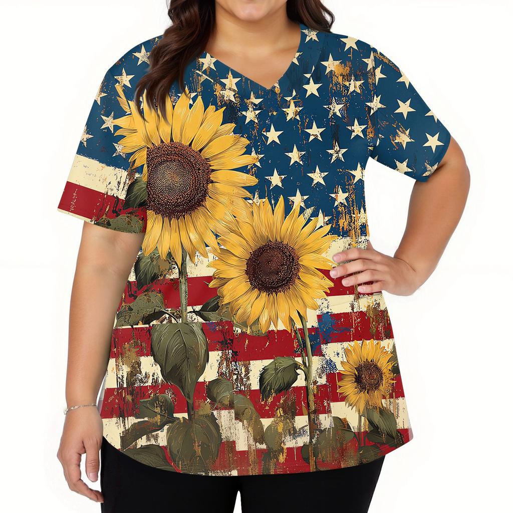 Modische Arbeitskleidung für Damen mit V-Ausschnitt, kurzen Ärmeln und bedruckten Taschen