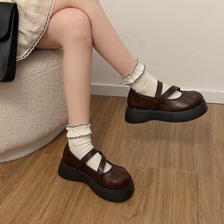 Brown French with Skirt Round Head Small Leather Shoes Women's 2024 New Summer Shallow Mouth Retro Thick Sole Mary Jane Single Shoes