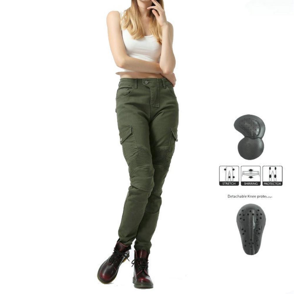 Army green casual motorcycle pants, biker jeans, women's racing pants