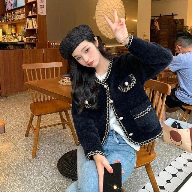 Podzimní imitace norkového fleece pletené kabáty Korejská móda s výstřihem do O Jednořadý cardigan ležérní krátký kabát