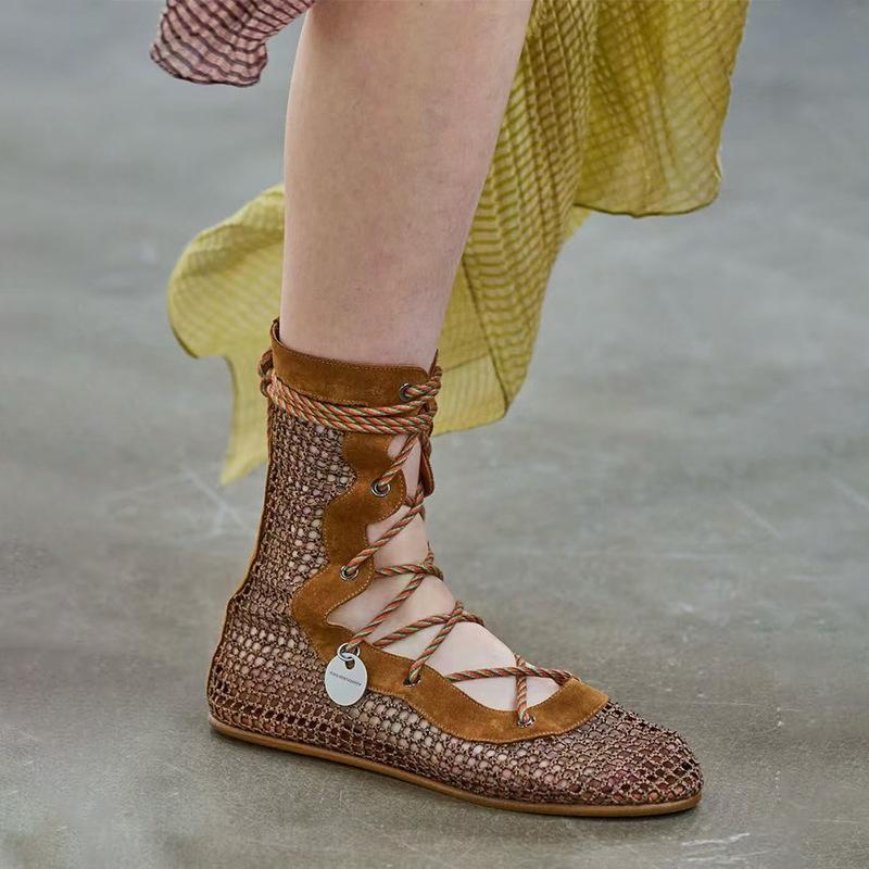 2025 autumn new niche cross-strap mesh breathable shallow mouth single shoes women's leather lace-up Mary Jane shoes women's