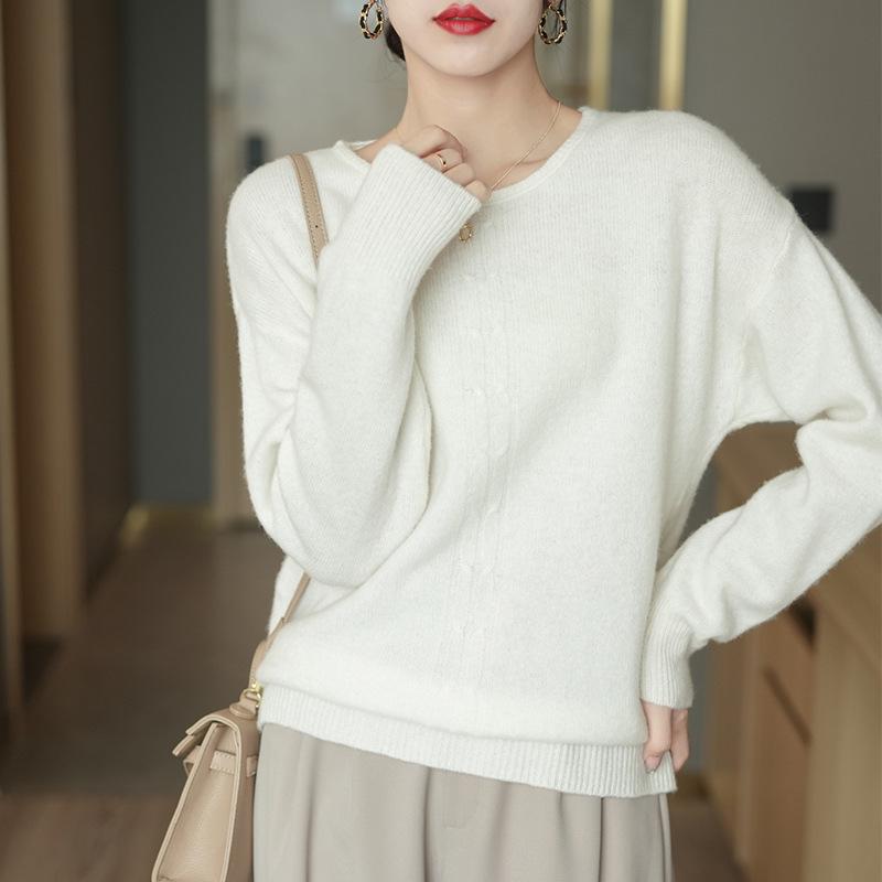 

Женский свитер из чистой шерсти с круглым вырезом - Корейский стиль, свободная вязка «косы» для осени и зимы XL белый