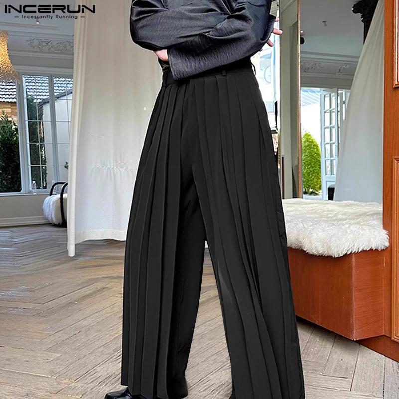 INCERUN Men Solid Color Zipper Waist Pleated Layers Casual Wide Legs Pants Trousers
