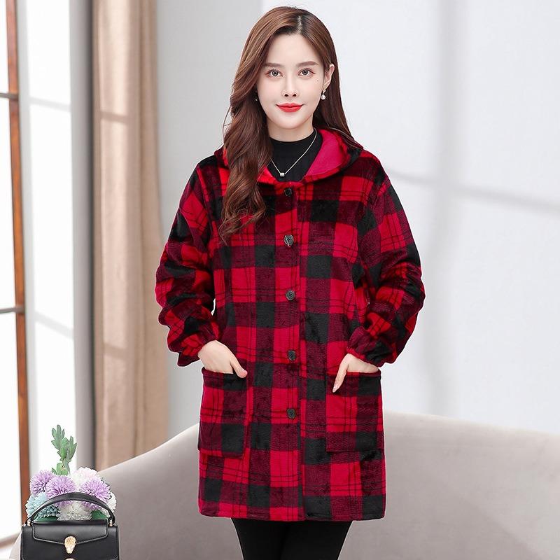 

Winter flannel smock adult women s long-sleeved coral fleece cardigan jacket kitchen apron overalls 3XL (145-87.5 kg recommended)