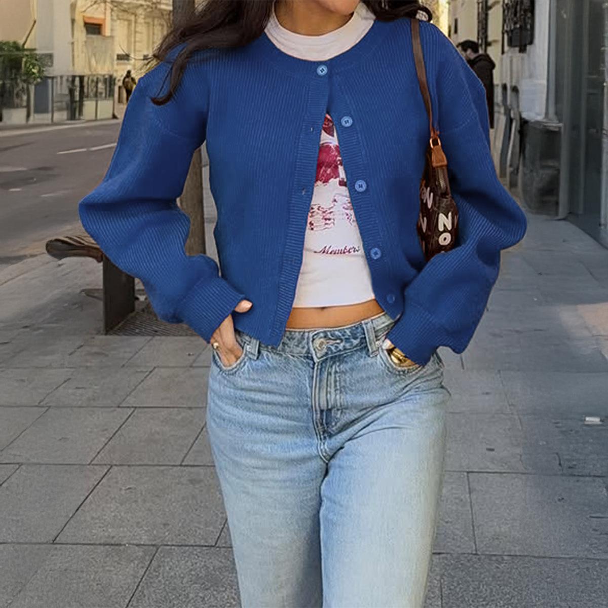 

Простой праздничный шерстяной свитер-жакет на пуговицах с длинным рукавом для женщин 2025 Осень-Зима XL синий