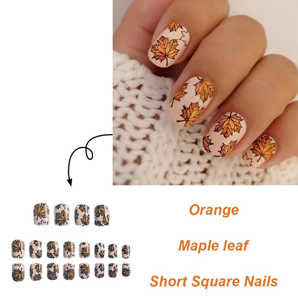 24pcs Press On Nails Bright Oil Stroke Maple Leaf Short Square Nails Removable Fake Nails Finished Wear Nails