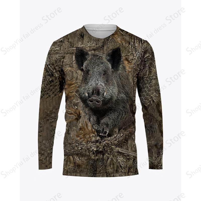 Bear Pig Hunting Animal 3d Print Long Sleeve T-shirt Men Women Fashion Tshirt Camo Camouflage Tops Tees Outdoor Sportwear Tshirt