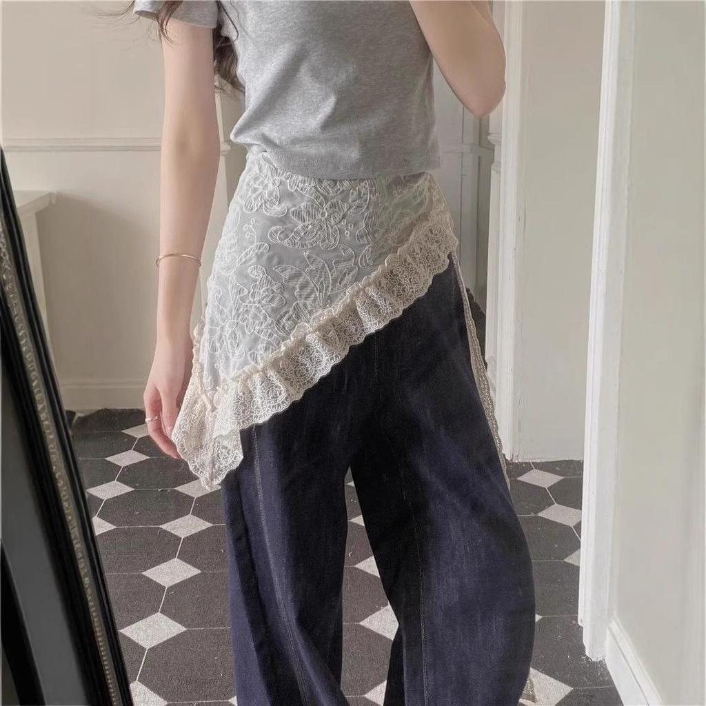 Retro Lace Trim Layered Midi Skirt for Women - Summer 2025 Sweet Style with Butt Cover Panel and Triangle Scarf