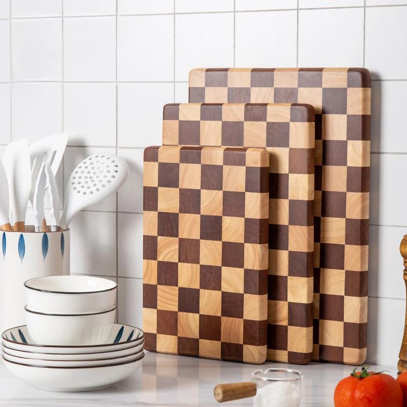 Acacia Wood Kitchen Board, Natural Splicing Checkerboard Texture Chopping Board Solid Wood Kitchen Board Non-Slip Knife Board