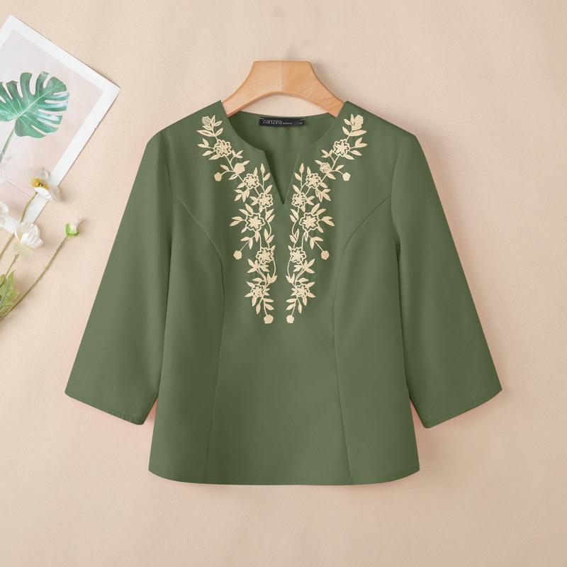 ZANZEA Women Casual Embroidery V-Neck Loose 3/4 Sleeve Blouse