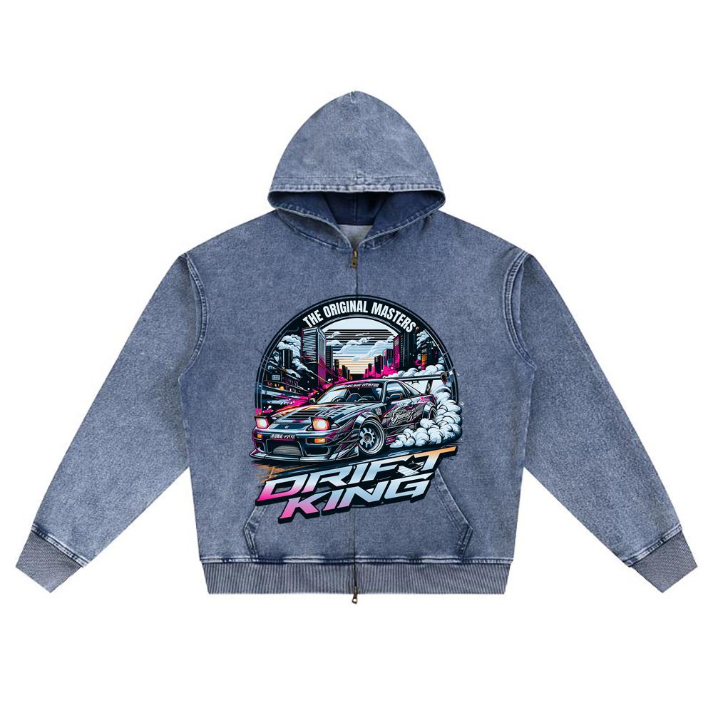 DTG print Knitted Denim Zip-Up Hoodie Drift King Brother Print Zipper Hoodies  