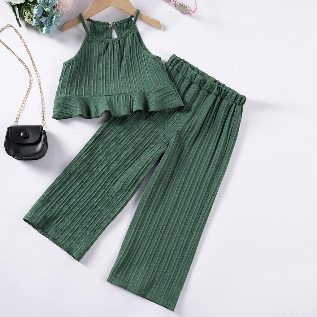 Summer Children Cute Flounder Hem Suspender + Broad LEG Trousers GIRL Casual Top