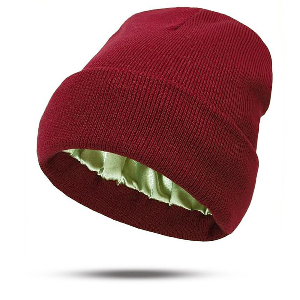 European & American Satin Brocade Winter Hat: Women's Warm Knitted Hair Protection, Acrylic Wool Blend.