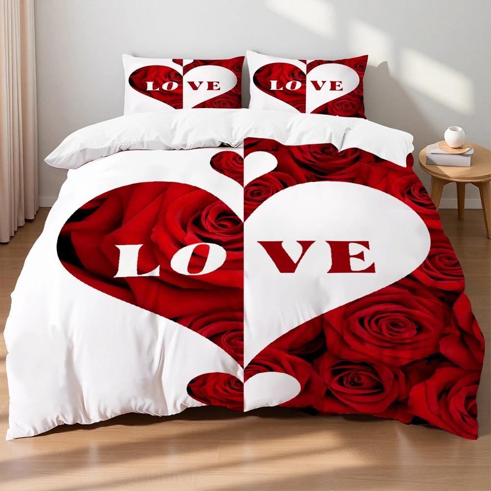 Romantic Red Love Rose Duvet Cover Set - Soft, Comfortable Perfect for Valentine's Day,Home,Dormitory,and Romantic Bedrooms