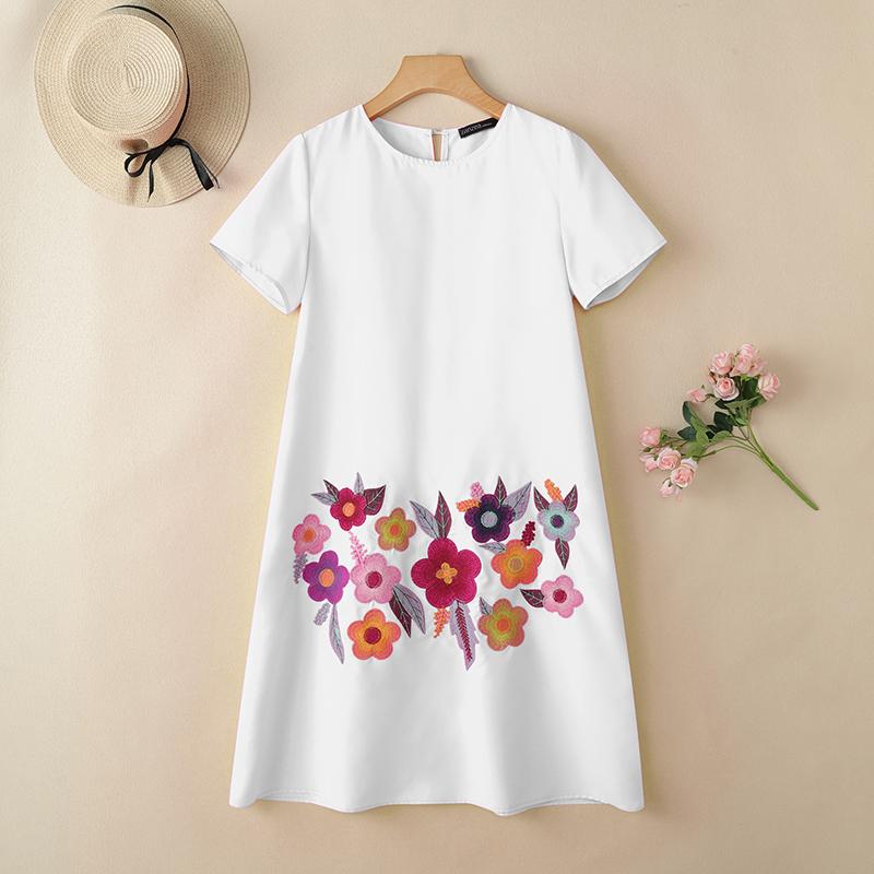 ZANZEA Women Casual Round Neck Short Sleeve Loose Floral Embroidery Dress
