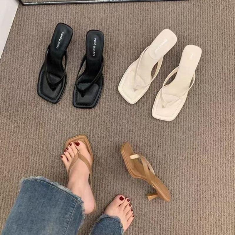 Women's Medium High Heel Slippers Summer People Slippers High Heels Fine Heel Clip Toe Shoes