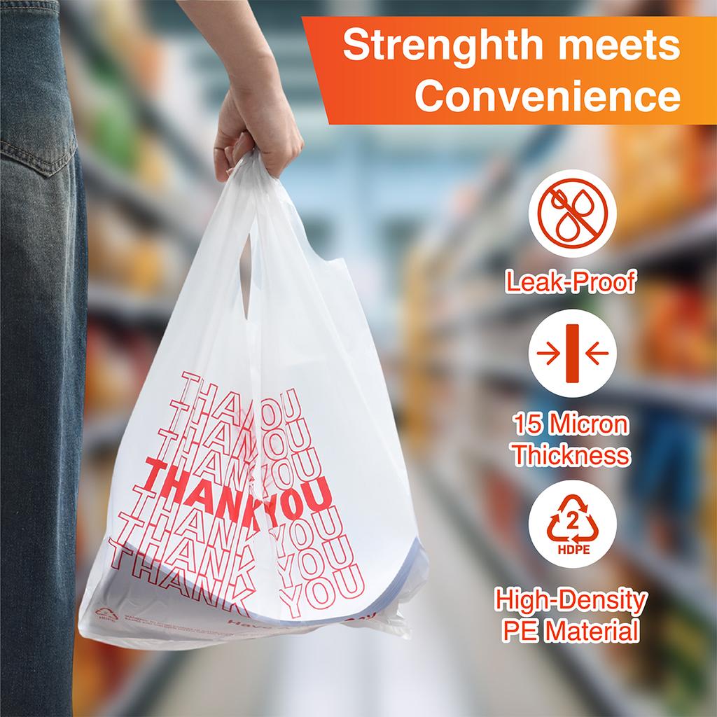 Heavy Duty Thank You T-Shirt Carry Bags, White, 1000 Count, 11.5 x 6.5 x 22 in, HDPE Grocery Shopping Bags