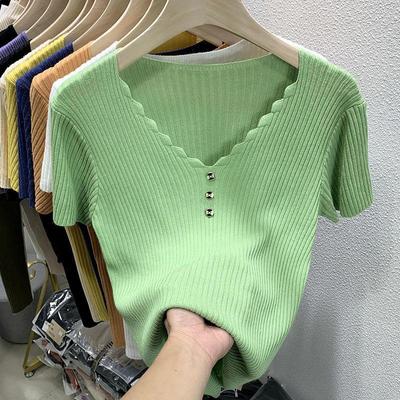 Camicia a maniche corte in seta di ghiaccio autunno moda Donna Estate Maglione bianco sottile stile occidentale a metà top