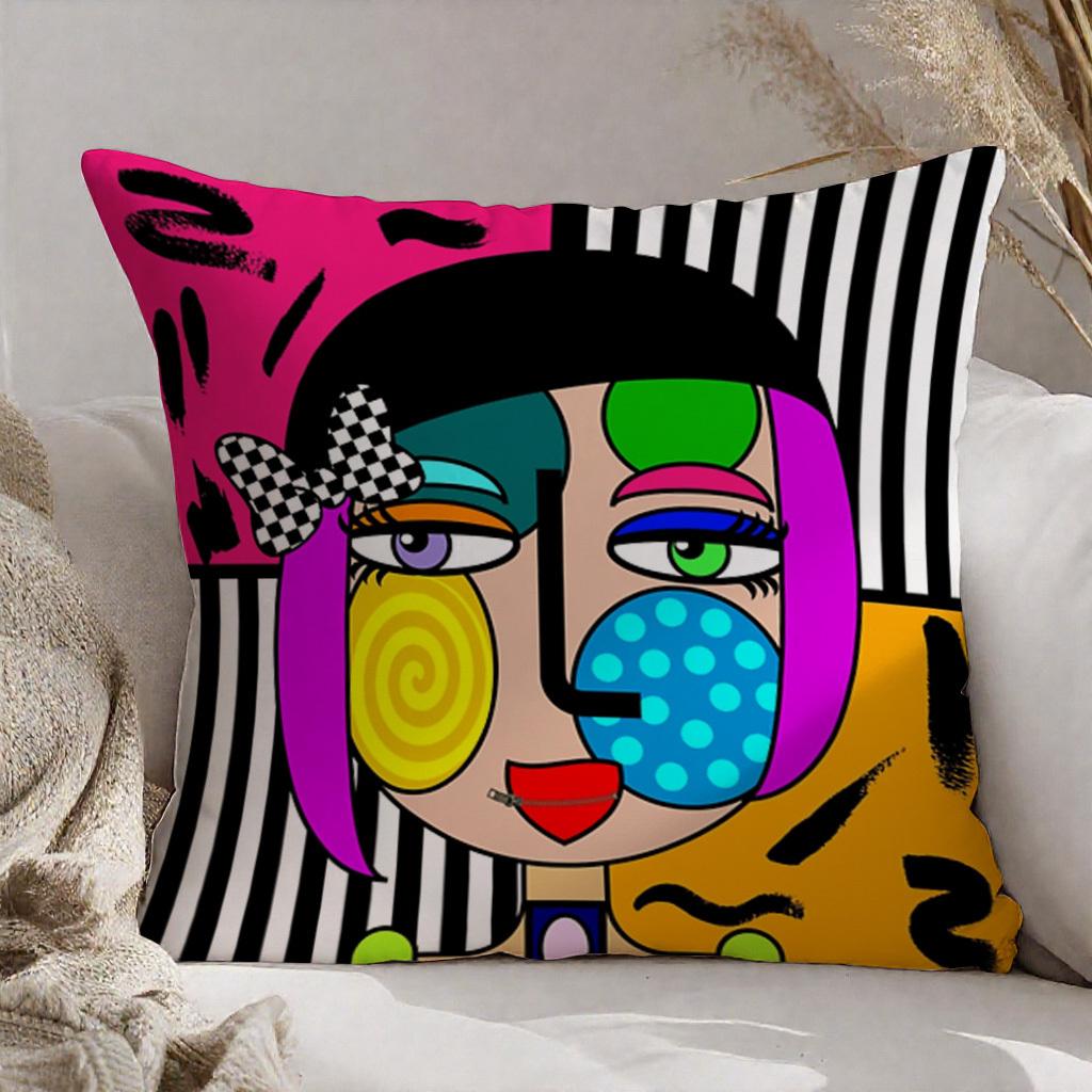 1Pc Colorful Cubist Pop Art Face Pillow Cover, Polyester 2D Double-Sided Print Cushion Case, Abstract Geometric Woman Throw Pill
