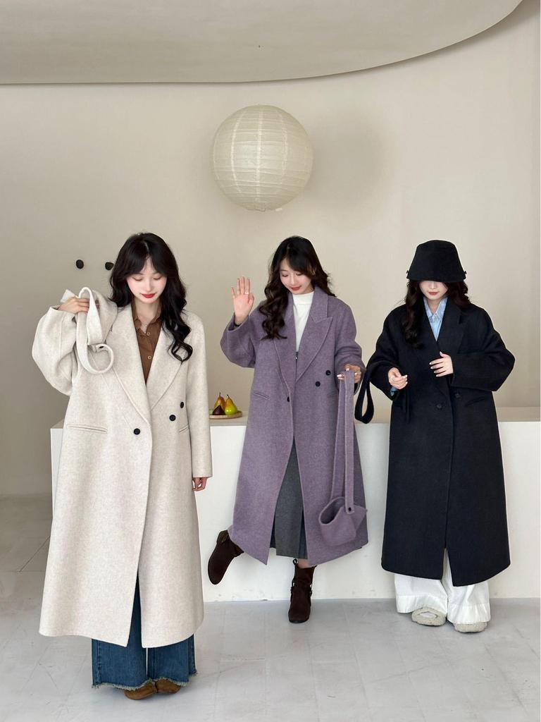 2025 Autumn/Winter Women's Extra Long Petite Double-Faced Wool Korean Style Coat with Suit Collar
