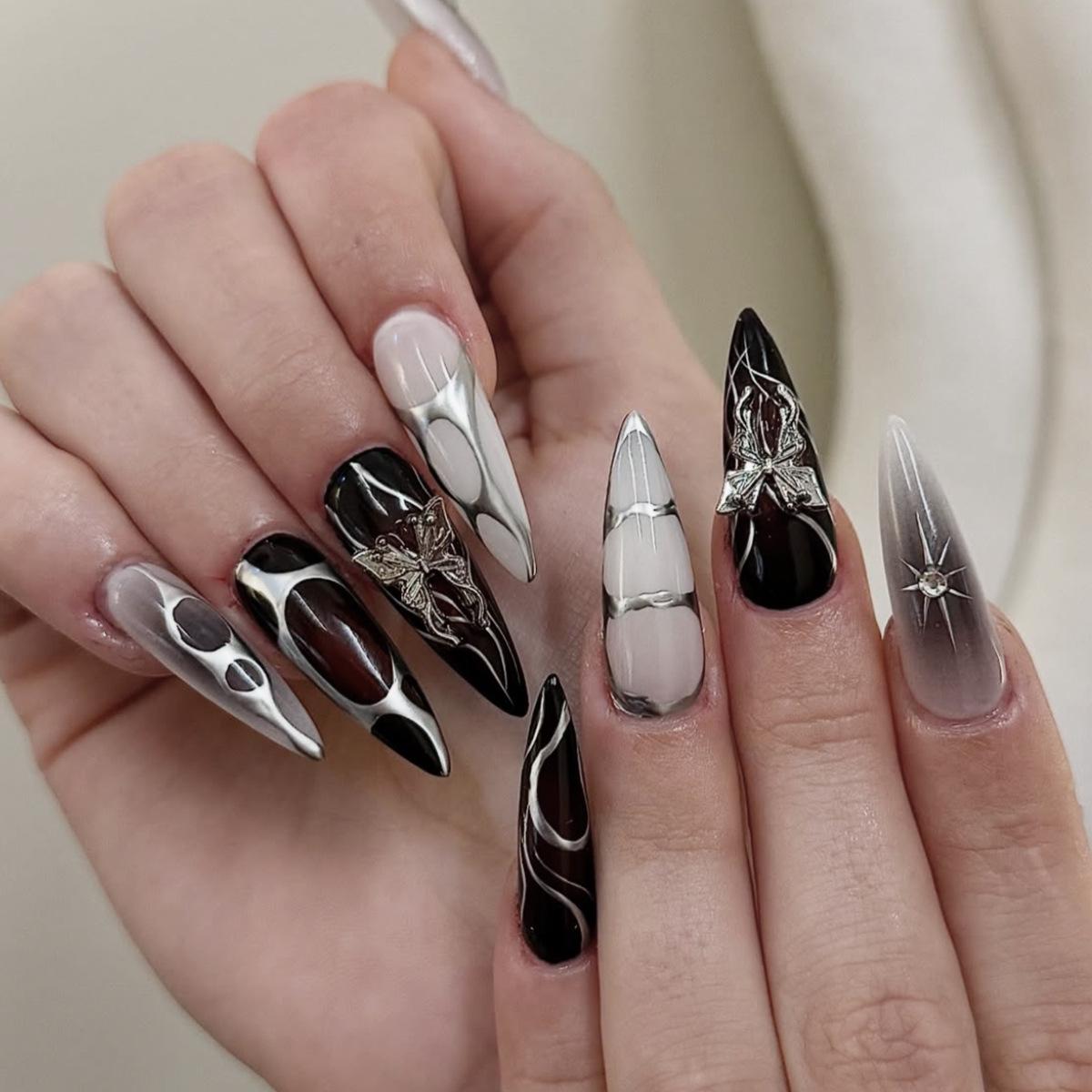 

Black & White Almond Press-On Nails with Silver Lines & Butterfly Design