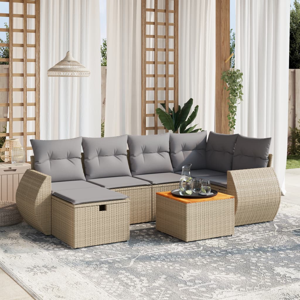 7 Piece Beige Poly Rattan Garden Sofa Set with Cushions