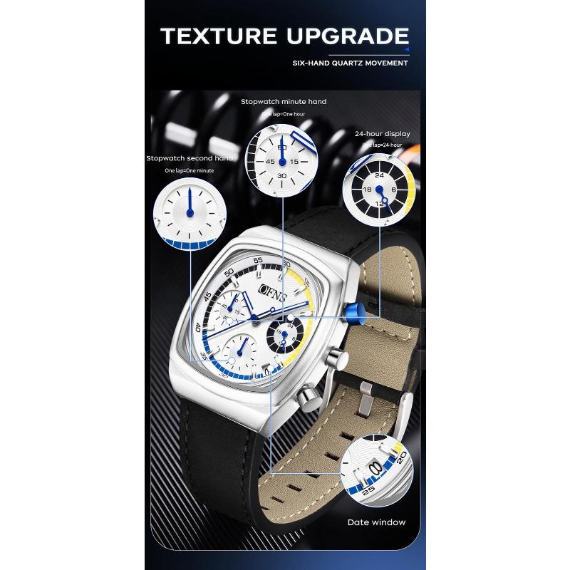 Square Dial Chronograph Quartz Watches for Men Fashion Leather Strap Casual Sport Wristwatch with Date Display Waterproof Luminous