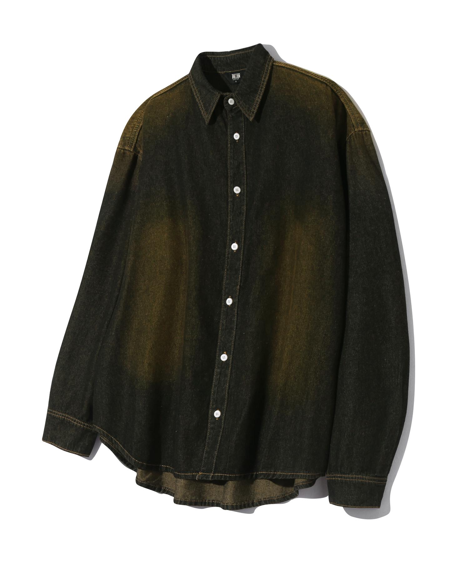Trillion Vintage Washed Oversized Denim Shirt (Beige Black) Beige Black/L
