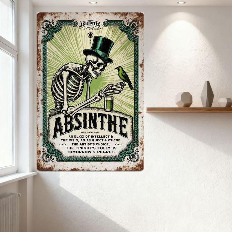 Vintage Absinthe Metal Sign, Skeleton with Bird, Distressed Rustic Wall Art for Bar Man Cave Home Decor