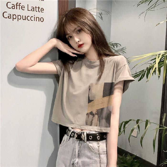 

Футболка с короткими рукавами, женская верхняя студенческая корейская версия, свободная летняя модная футболка с надписью «Destroy Navel» M серый